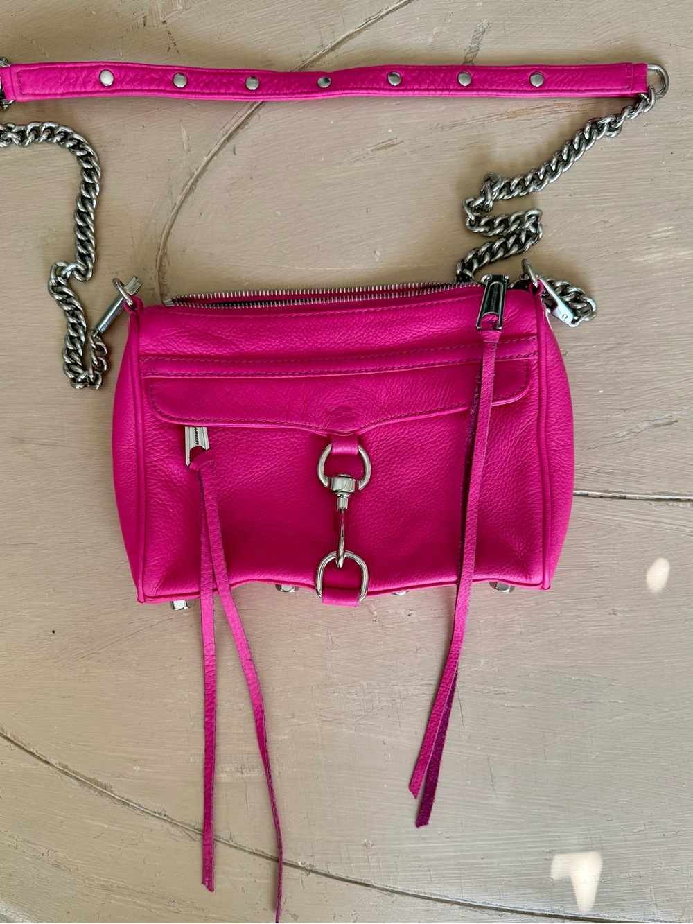 Rebecca Minkoff Hot Pink Leather Mini Crossbody with Silver Chain